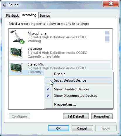 sigmatel audio codec for vista